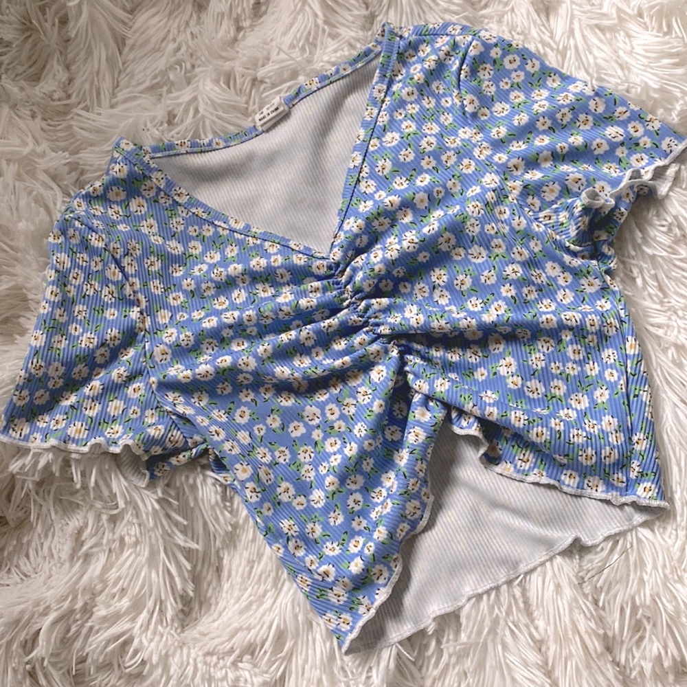 Blue SHEIN Flower Cropped Shirt Tween 10-11